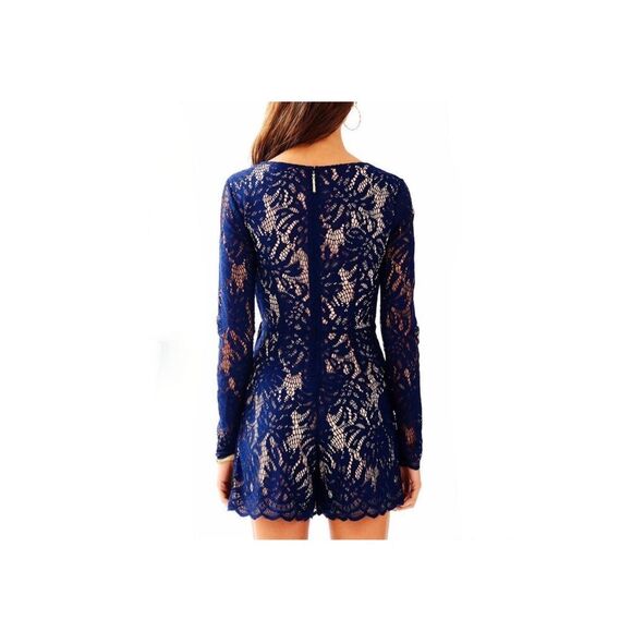 Lilly Pulitzer Womens True Navy Blue Tiki Wrap Lace Romper Small - Picture 2 of 9